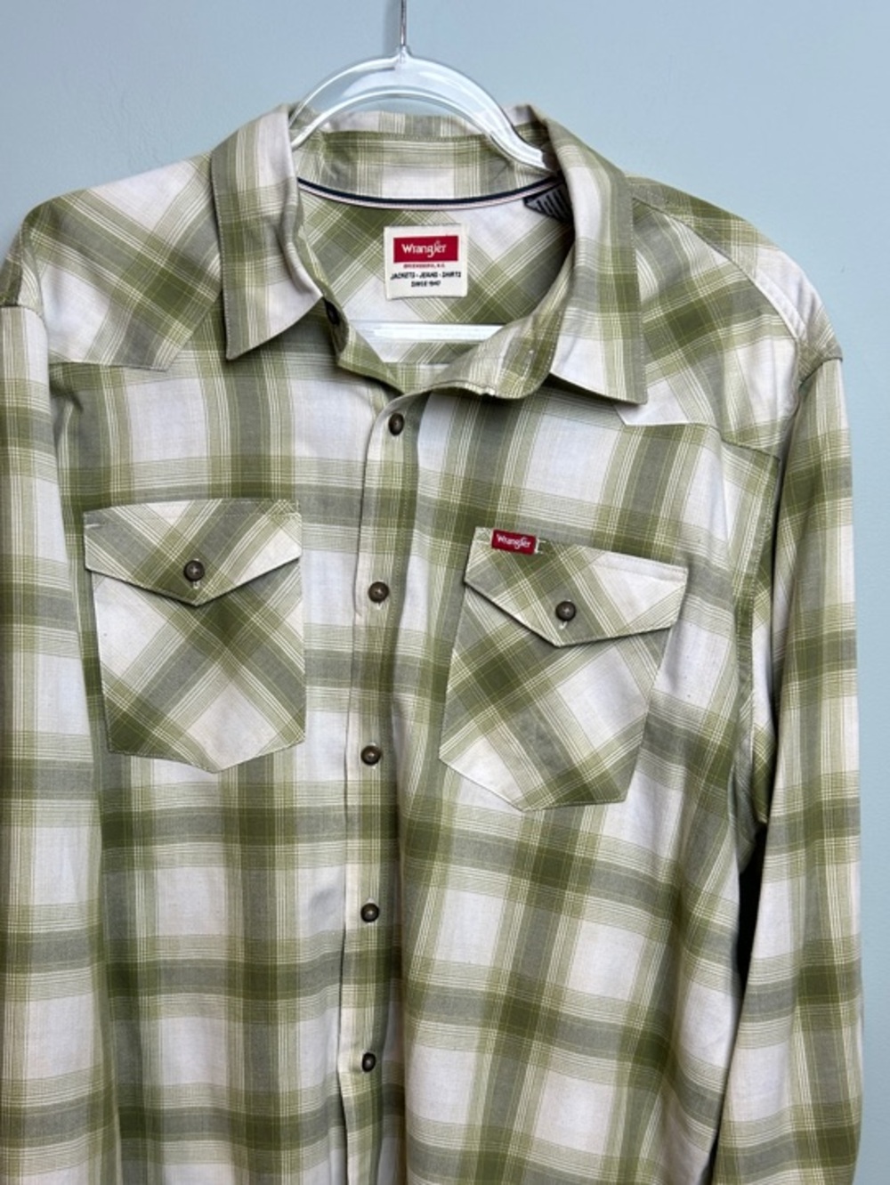 Wrangler Olive White Plaid Western‎ Button-Up Long Sleeve Shirt Ranch Style XL